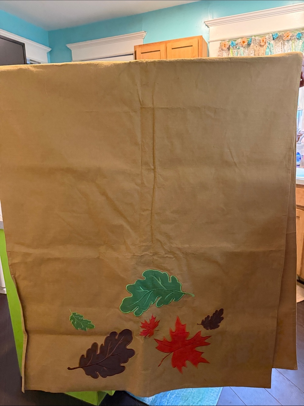 Large Brown Fall Leaf Table Runner with Colorful Leaf Appliqués